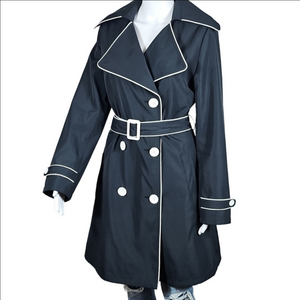 Vintage 90s Y2K Vertigo Paris Black Mod Trench Coat w White Piping & Wide Lapel